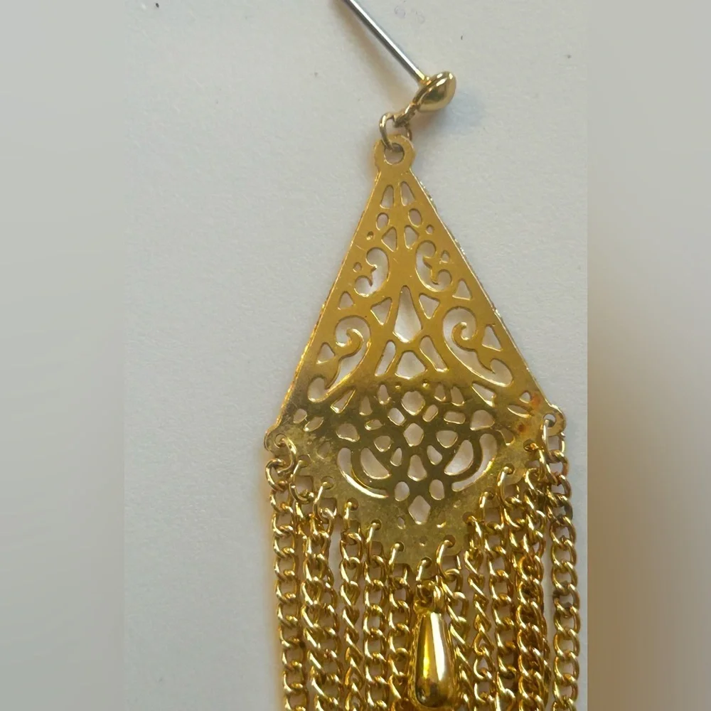 Vintage Gold Filigree Fringe Chandelier Earrings Boho Statement Gold Earrings - Picture 4 of 5